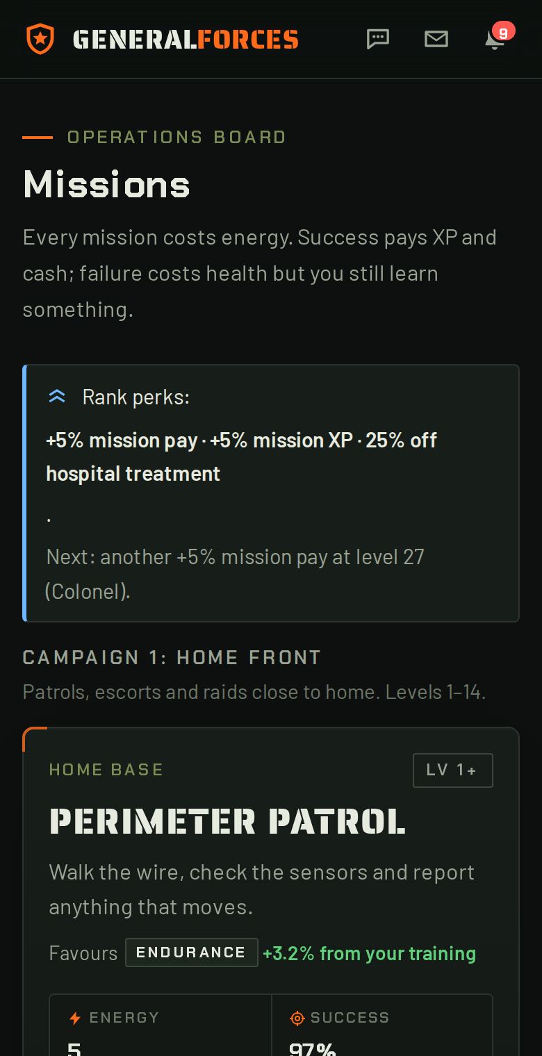 The missions page, with mission cards showing energy cost and chance of success