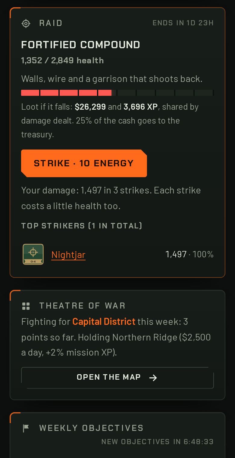 A unit page with its roster, treasury and an active raid